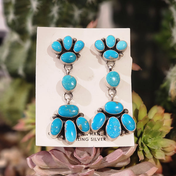 Newest Navajo Kingman Turquoise Silver Dangle Earrings 0334