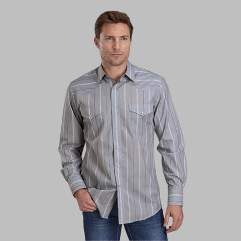 Gray and Red Long Sleeve Snap Shirt with Two Chest Snap Pockets