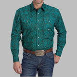 Green Paisley Long Sleeve Snap Shirt with Two Chest Pockets