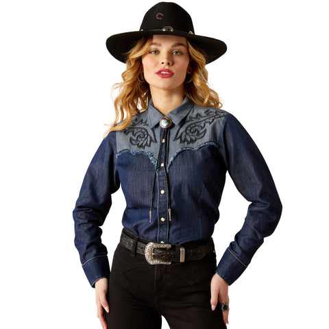 Denim Western Long Sleeve Shirt with Front and Back Embroidered Yokes