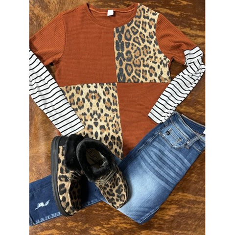 Your Fashion Women's Rust & Leopard Block Long Sleeve Top