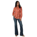 Wrangler Women's Orange Plaid Pearl Snap Long Sleeve