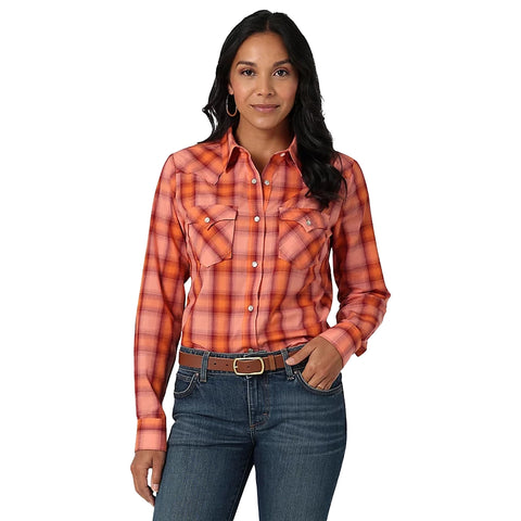 Wrangler Women's Orange Plaid Pearl Snap Long Sleeve