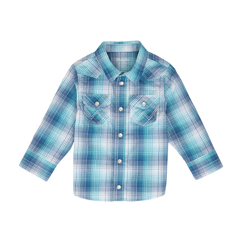 Kid's Blue & Turquoise Plaid Long Sleeve Pearl Snap Shirt by Wrangler