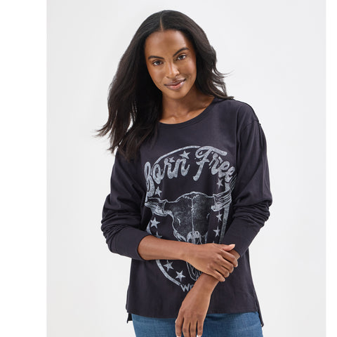 Black Born Free Cowskull Long Sleeve Shirt on model