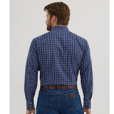 Back of navy and white plaid shirt