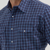 Close up of navy and white plaid shirt