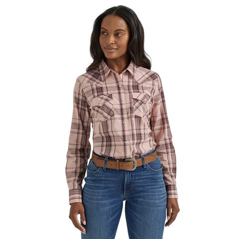 pink plaid long sleeve pearl snap front