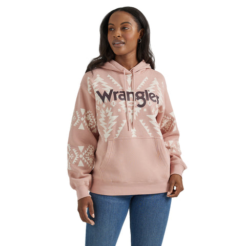 Pink Wrangler Logo Aztec Hoodie with Kangaroo pocket