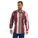 Wrangler Men's Red, Brown and White Bold Striped Snap Long Sleeve Shirt