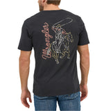 Black Wrangler T-shirt with a Neon Cowboy Graphic on the Back and Corner Chest