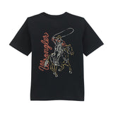 Black Wrangler Logo T-shirt With a Neon Cowboy Graphic on the Front and Back