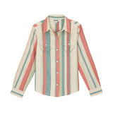 Coral and Teal Striped Long Sleeve Snap Shirt with Two Pockets