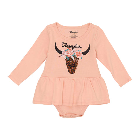 Pink Ruffle Skirted Onesie with Floral Steer Skull