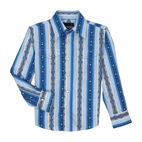 Blue Aztec Striped Snap Long Sleeve Shirt