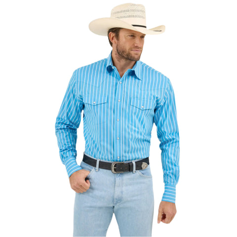 Blue and White Striped Long Sleeve Snap Shirt with Two Pockets