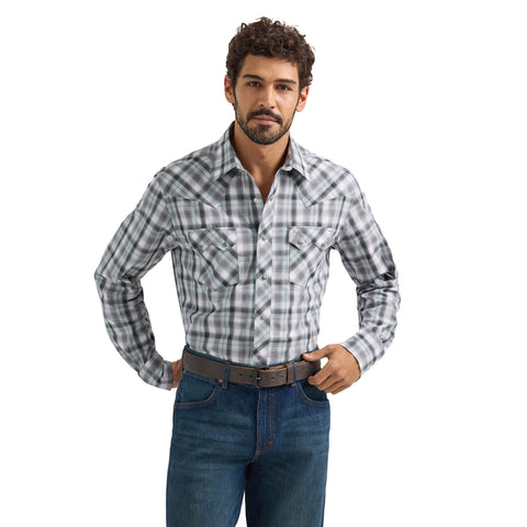 Grey/Black/Mint Plaid Long Sleeve Snap Shirt with Two Sawtooth Chest Pockets