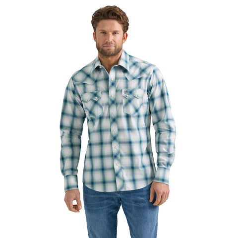 Turquoise, Navy and Cream Plaid Long Sleeve Snap Shirt with Two Chest Pockets