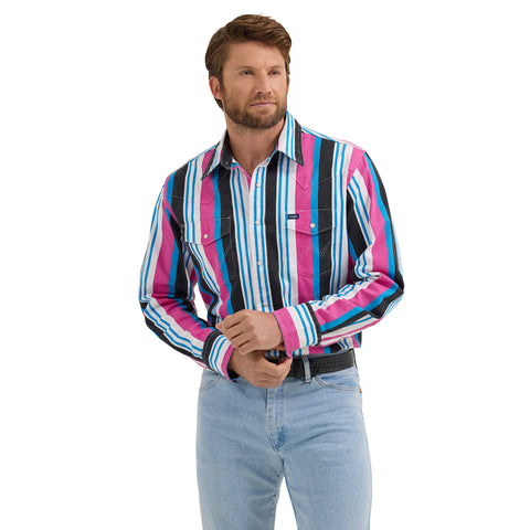 Pink/Blue/Black and White Striped Long Sleeve Snap Shirt with Two Pockets