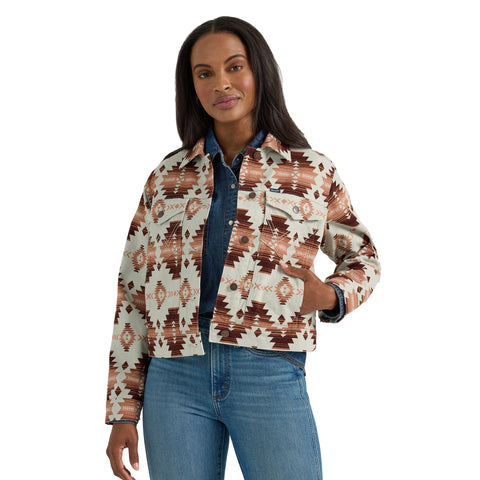 Aztec Cropped Denim Jacket with Two Chest and Side Pockets