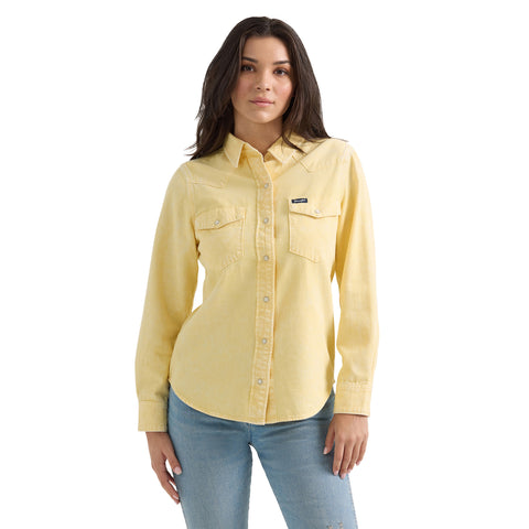 Pale Yellow Long Sleeve Snap Shirt with Two Chest Pockets and Back Yoke