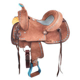 Double T Roughout with Turquoise Gator Seat Barrel Style Saddle