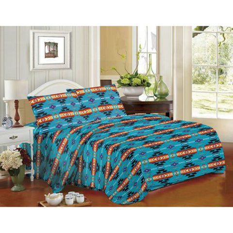 Shiloh 4 Piece King Size Navajo Print Sheet Set in Turquoise