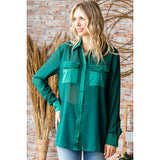 First Love Women's Hunter Green Sheer Pocket Long Sleeve