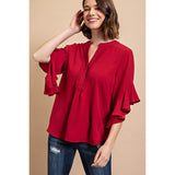 Gigio Usa Women's Solid Ruffle Bell Sleeve Top