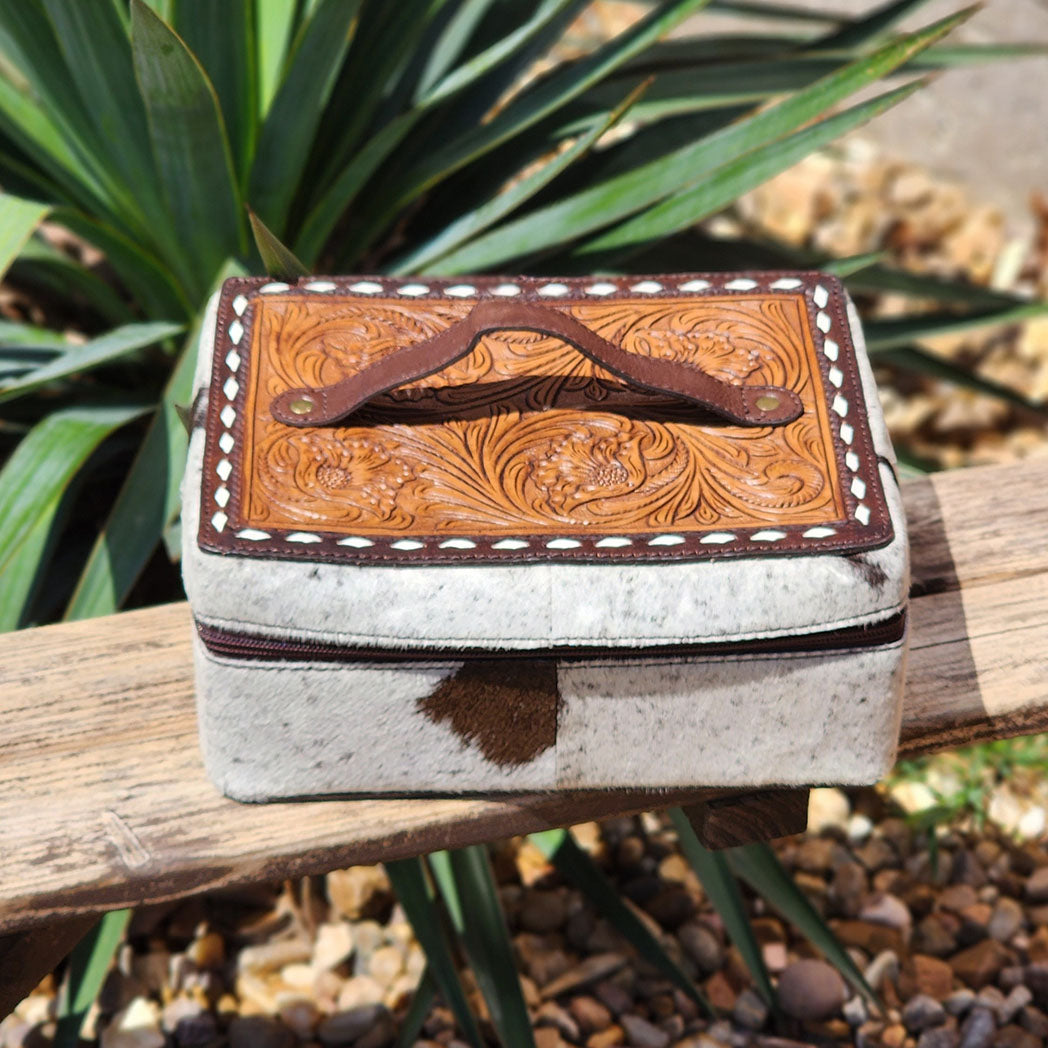 Painted Turquoise Tooled Leather and Cowhide Large Jewelry Case