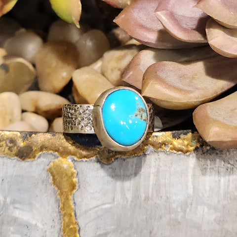 Blue Ridge Turquoise circle stone set in hammered silver band 