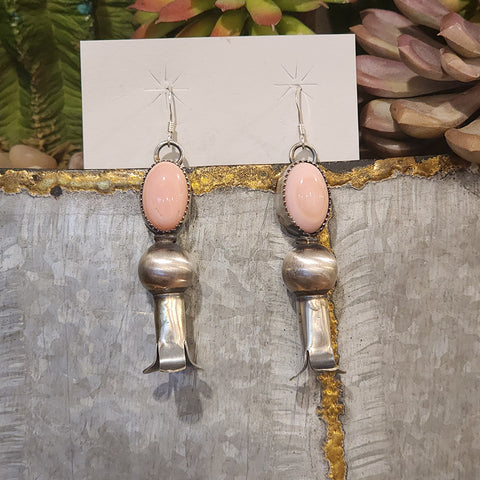 Native American Pink Conch earrings with a blossom dangle