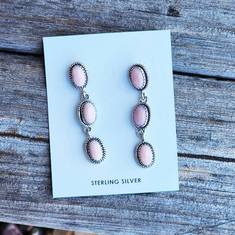 Pink Opal 3 Stone Dangles. Made with high-quality sterling silver and featuring three beautiful pink opal stones