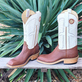 olathe chili shark boot, white shaft and a medium brown foot