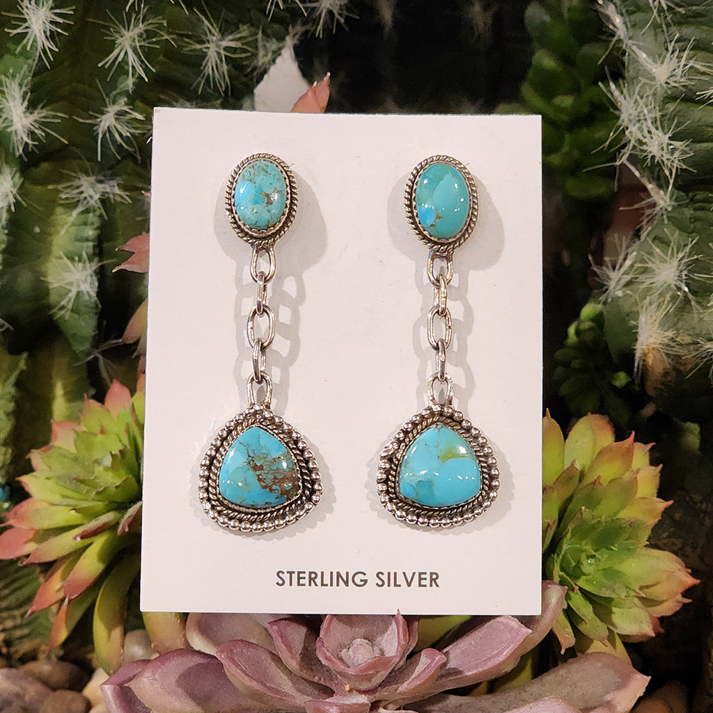 these earrings feature two stunning Kingman turquoise stones  with silver accents