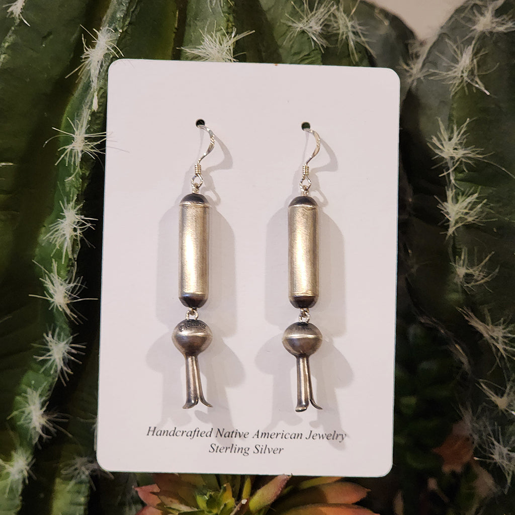 Navajo Barrel Bead Earrings, crafted with sterling silver, 2 inches in length with 1 barrel bead and blossom at the bottom