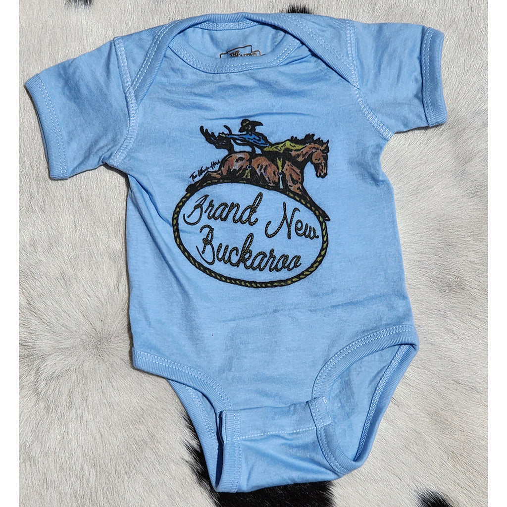 blue onesie with bucking horse and rider that says Brand New Buckaroo