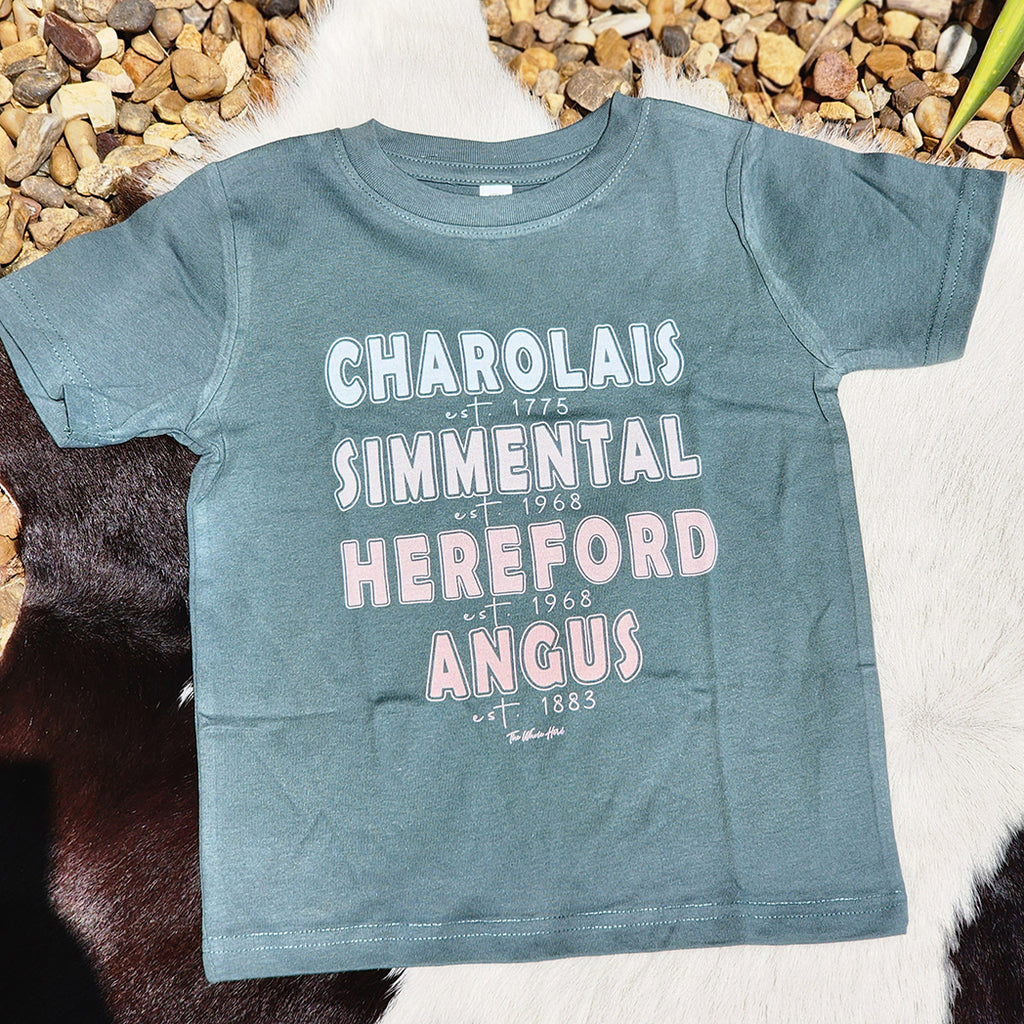 smokey blue tee with 4 cattle breeds listed in the front. Charolais, Simmental, Hereford & Angus