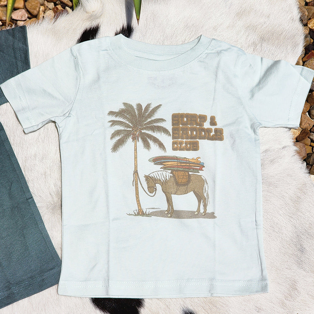 Cute light blue tee with a horse and surf boards 