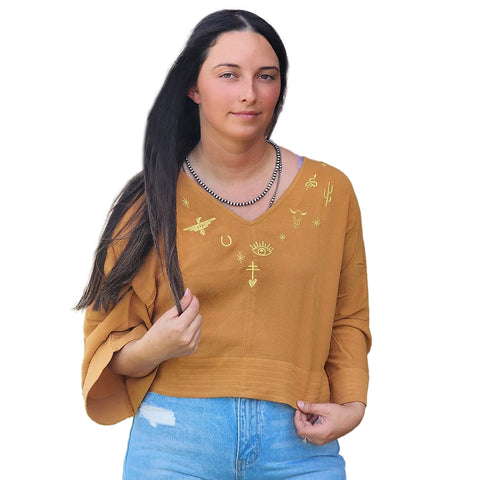 Allie Falcon Women's Gold & Rust Crop Blouse