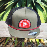 Olive Green cap with red, red Red Dirt Cap patch. Black mesh back and adjustable snap back