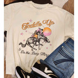 cream color tee with bronc rider and Saddle up & Do the dang thing saying 