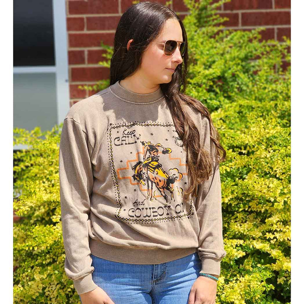 Brown Sweatshirt  with bronc rider and Keep Calm and cowboy on saying 