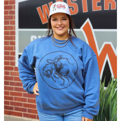 ocean blue sweatshirt with bucking bronc on the front of it. 