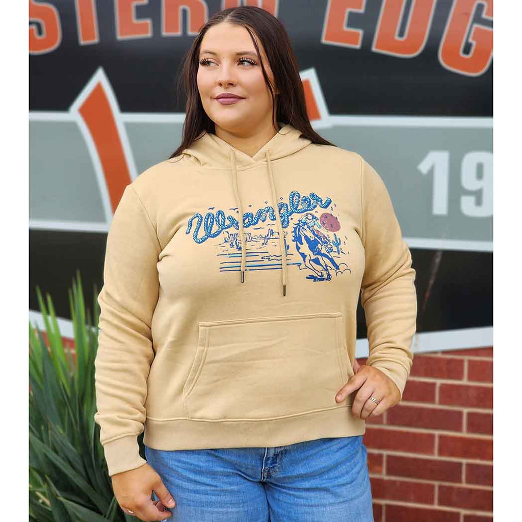 Tan Wrangler hoodie with front pocket and draw string hoodie. Blue accented desert scene on the front 