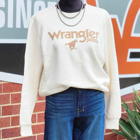 Cream colored sweatshirt with tan Wrangler Jeans written on the front. 