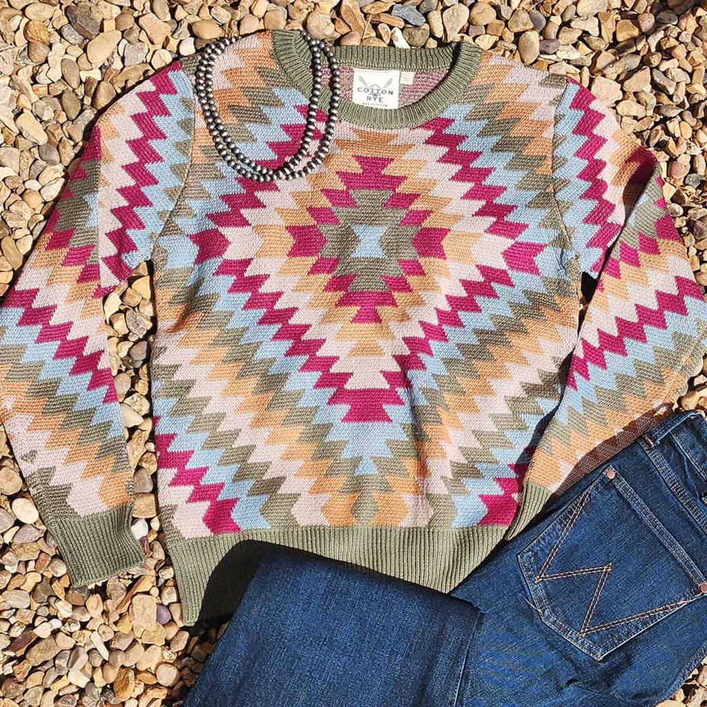 Geometric star pattern sweater with olive green. maroon, blue, gold and tan colors. 