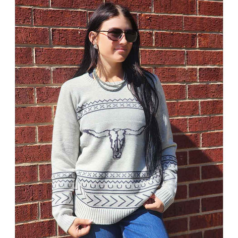 light grey sweater with dark grey longhorn skull on the front 