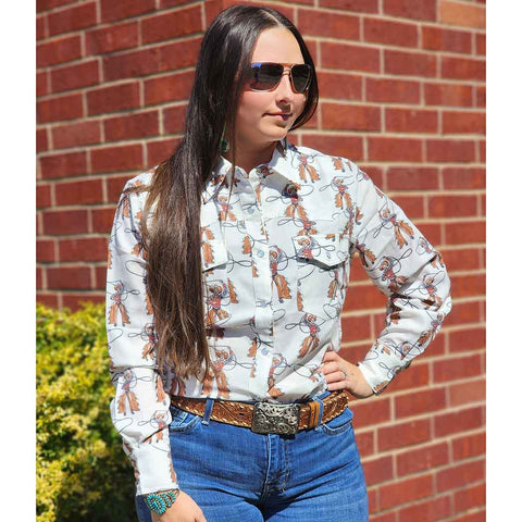 White pearl snap western long sleeve with old vintage cowboy doing rope tricks all over the shirt. 