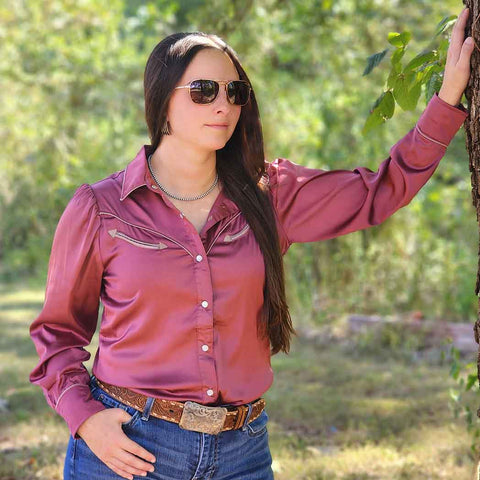 Berry satin puffy long sleeve western blouse with pipping arrows and pearl snaps 